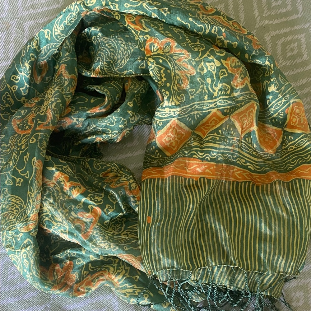 Vintage Bohemian Silk Scarf in Green and Orange